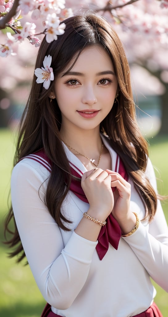 8K,1girl, solo, long hair, looking at viewer, smile, brown hair, hair ornament, brown eyes, jewelry, school uniform, upper body, flower, heart, outdoors, serafuku, hair flower, sailor collar, necklace, blurry, bracelet, tree, neckerchief, blurry background, cherry blossoms, red neckerchief, realistic, heart hands