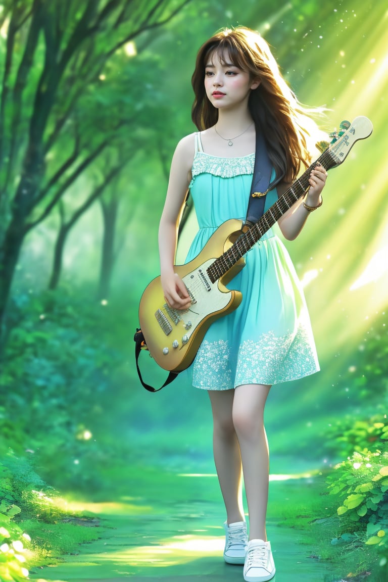 This artistic photo has a realistic and digitally sophisticated style. It shows a young woman holding an electric guitar walking along a sunny path through a lush green forest. She wore a light blue dress and white sneakers, with her long hair flowing naturally. The background is bathed in soft golden sunlight filtering through the gaps in the trees, adding to a tranquil and dreamy atmosphere. The composition blends natural and modern elements, emphasizing the harmony between the subject and its surroundings.