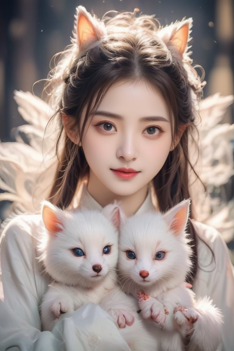 Real portrait photography, Taiwanese beauty, surrounded by several cute white fox babies with 9 tails, smiling straight ahead, very beautiful