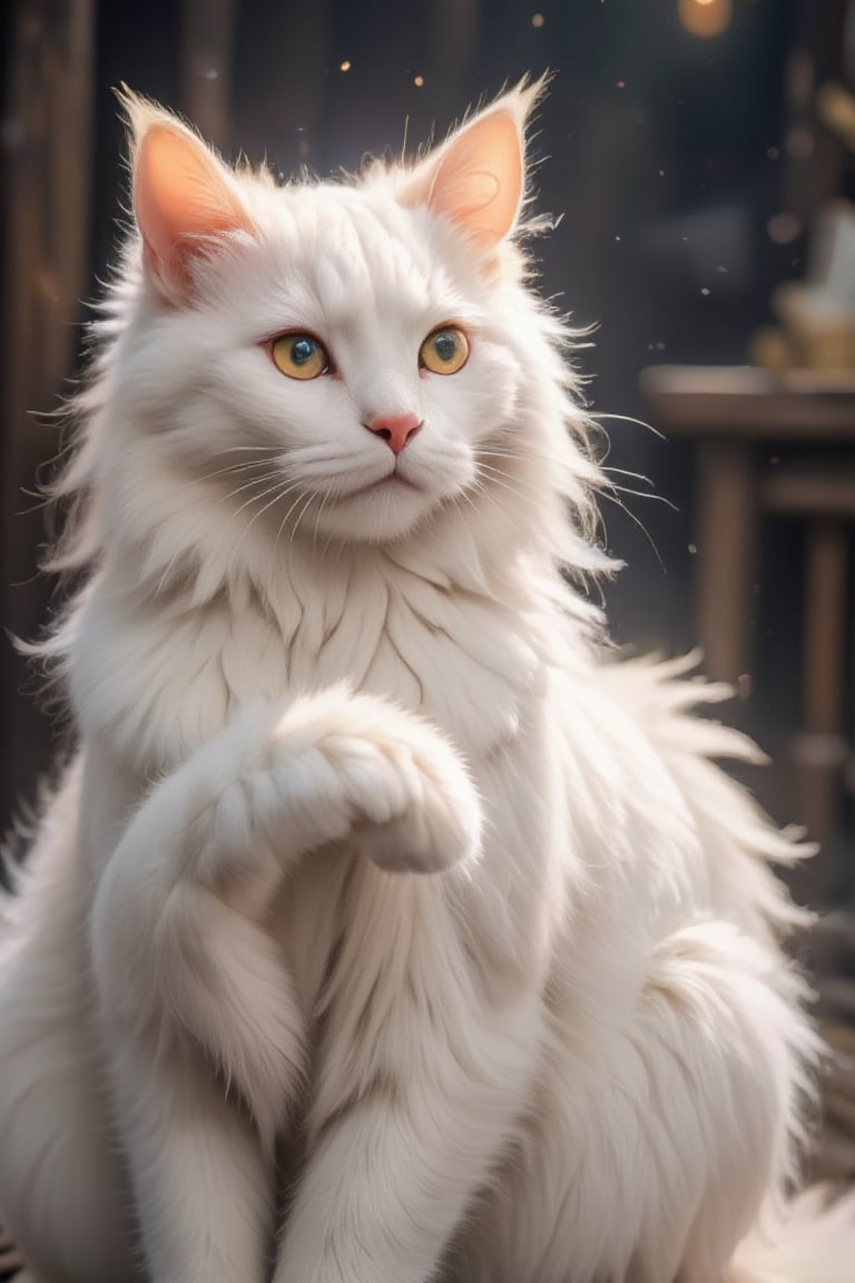 Real 8K photography, a super-large white Maine Coon cat, with its tail wrapped around a Taiwanese beauty, giving it a warm and protective feeling