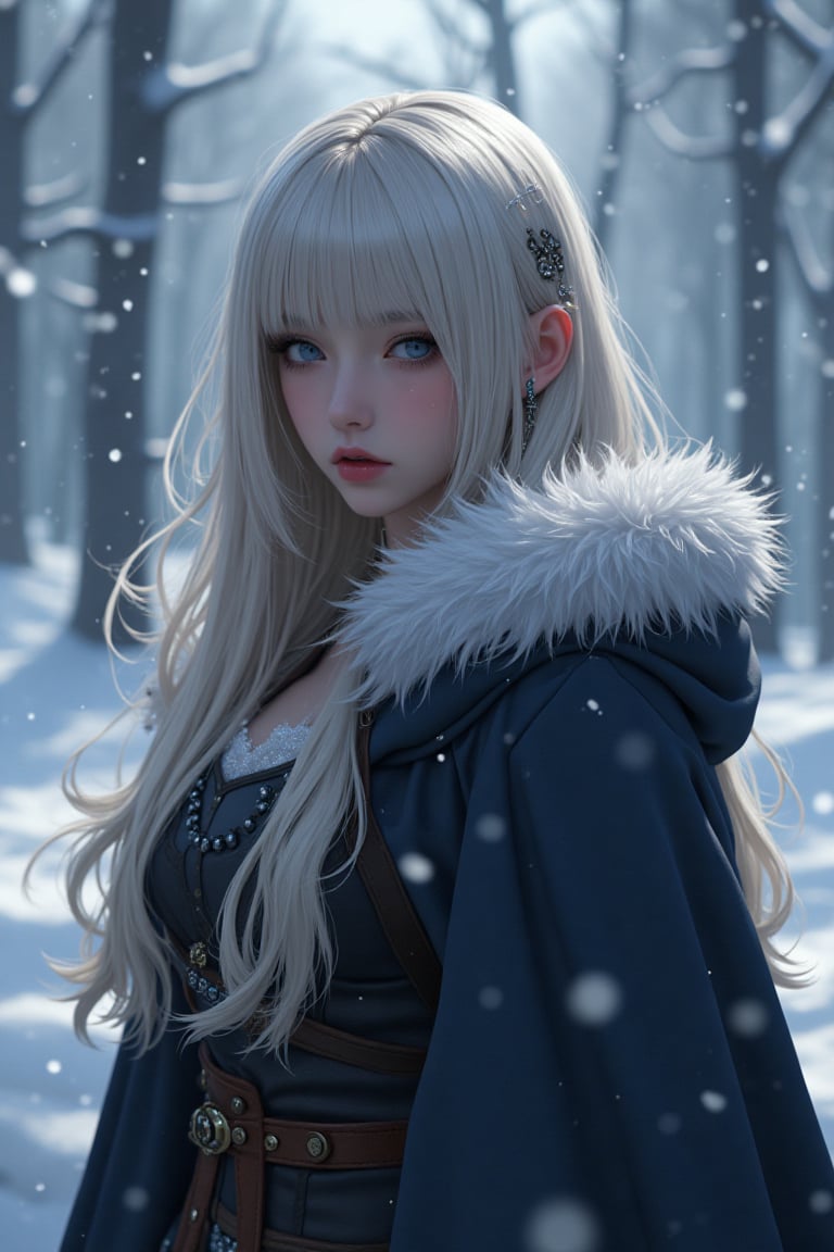 A fierce female warrior fighting in a snowy forest, in Medieval cloak, fur trimmed cloak, long hair, looking at viewer, blue eyes, simple background, (hair ornament), gem, tassel, hair between eyes, jewelry, upper body, earrings, lips, fur trim, eyelashes, portrait, beads, emo, (sharp eyes:1.4), (rebellious:1.4), (fierce:1.4), (standing: 1.2), silver-white hair, Gothic make-up, tough, wild. Kyoto Animation stylized anime, cinematic Lighting, ethereal light, intricate details, extremely detailed, incredible details, full colored, complex details, insanely detailed and intricate, hyper maximalist, gorgeous light and shadow, detailed decoration, detailed lines. Masterpiece, best quality, aerial view, HDR, UHD, unreal engine. looking at the camera, dark Fantasy background, representative, fair skin, beautiful face,A beautiful girl, blonde hair, dynamic character, detailed exquisite face, bold high quality, high contrast,art_booster
