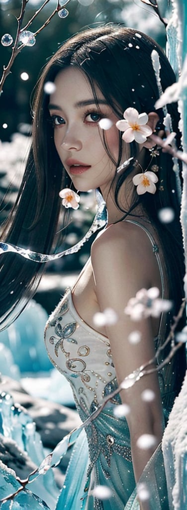 The image is a digital artwork exhibiting a highly detailed and realistic anime/manga style. The composition centers on a delicate young woman with large, expressive eyes, styled hair adorned with flowers, and intricate, crystalline adornments. The background features a mystical, icy ambiance with soft, glowing light and bokeh effects resembling an ethereal forest or ice cave. The combination of floral and ice elements highlights a contrast between warmth and cold, likely symbolizing a fantastical character in a dreamy, surreal setting. The intricate details and ethereal light give the piece a magical, otherworldly quality.