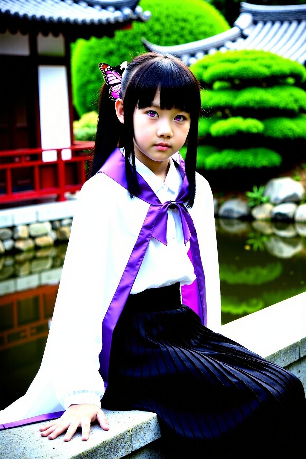 Portrait photography, depth of field effect, a young Taiwanese girl playing anime-style Butterfly Ninja. The composition centers on her, sitting on a stone shelf by the stream, looking directly at the viewer. She has striking purple eyes and her black hair is tied into a ponytail with a butterfly clip. The girl wears a white blouse, a black pleated skirt and a white cloak with purple lining. The backdrop is a tranquil outdoor setting with lush green foliage and traditional architectural elements resembling an Asian garden or temple. The overall mood is calm and contemplative.