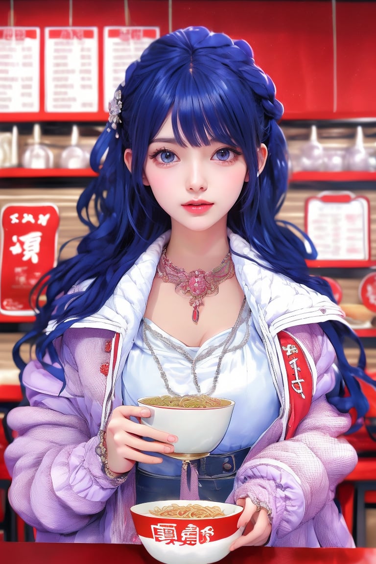 This image embodies the anime art style, likely inspired by manga or anime series. The detailed and expressive character design suggests the work of a skilled digital artist. The composition centers on a girl with deep blue hair and striking eyes, holding a bowl of ramen. The background includes a menu with Japanese text and a red and white color scheme, suggesting a restaurant setting. The girl's attire consists of a light purple and white jacket, complemented by a netted top and an intricate necklace, highlighting the attention to detail characteristic of anime art.