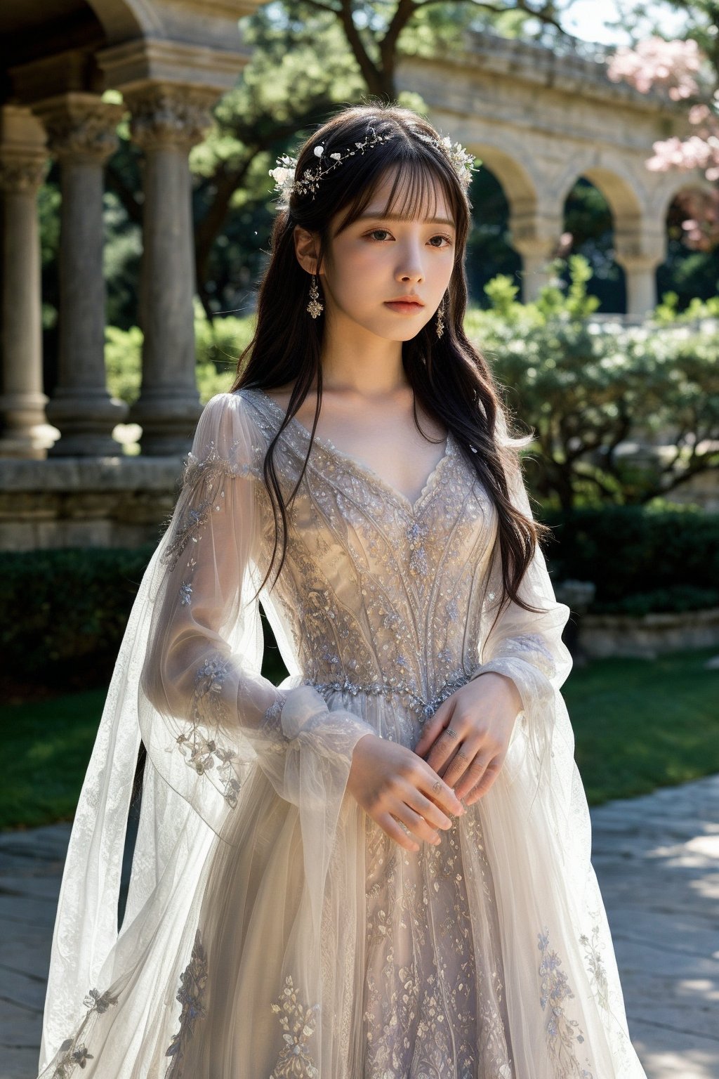 The image features a digital painting in an anime-inspired art style. The composition centers on a young woman with long, dark hair adorned with delicate accessories, standing gracefully and gazing forward. She wears an intricate, flowing dress with ethereal, sheer sleeves and ornate patterns. The background depicts a blurred, outdoor setting with stone architecture and greenery, suggesting a serene, picturesque landscape. This image mainly emphasizes elegance and beauty, enhanced by soft lighting and detailed textures that bring a sense of realism to the fantastical elements.