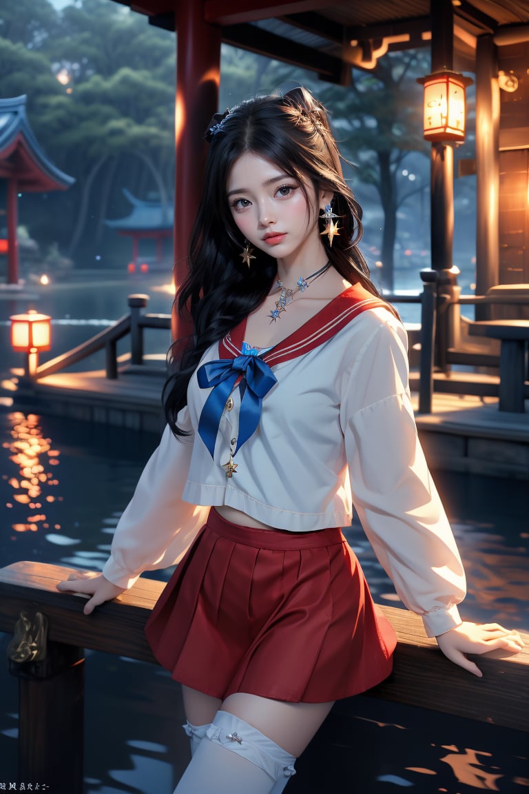 This image features a realistic, anime-inspired art style. The composition centers on a young woman with long, dark hair, wearing a sailor-style school uniform with a red skirt and white top with a blue bow. She poses confidently against a wooden railing at night. The background includes a traditional Japanese wooden structure and lanterns, with a softly-lit water body below and a tree line visible. The overall mood is serene and slightly mysterious, accentuated by the nighttime setting and warm lighting. Her accessories include star earrings and a choker, adding to the cohesive visual theme.