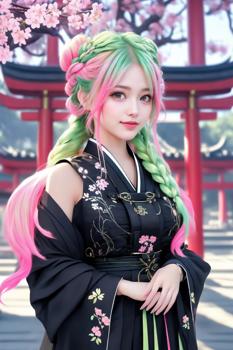 The image is a highly realistic digital artwork. The composition centers on a young woman with striking pink and green hai...