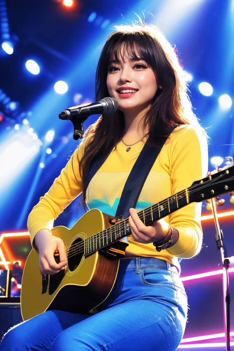 The image appears to be a digitally enhanced photo or realistic artwork, featuring a young woman on stage. The art style combines realism with vibrant, slightly stylized elements. At the center of the piece is a seated woman playing an acoustic guitar with a microphone in front of her. She is wearing a yellow top and blue jeans. The backdrop features dramatic lighting, with beams of light shining outward to create a dynamic stage atmosphere with neon geometric shapes. Indicates an event or concert. The overall atmosphere is modern, vibrant and sophisticated, with an emphasis on theme and event details.