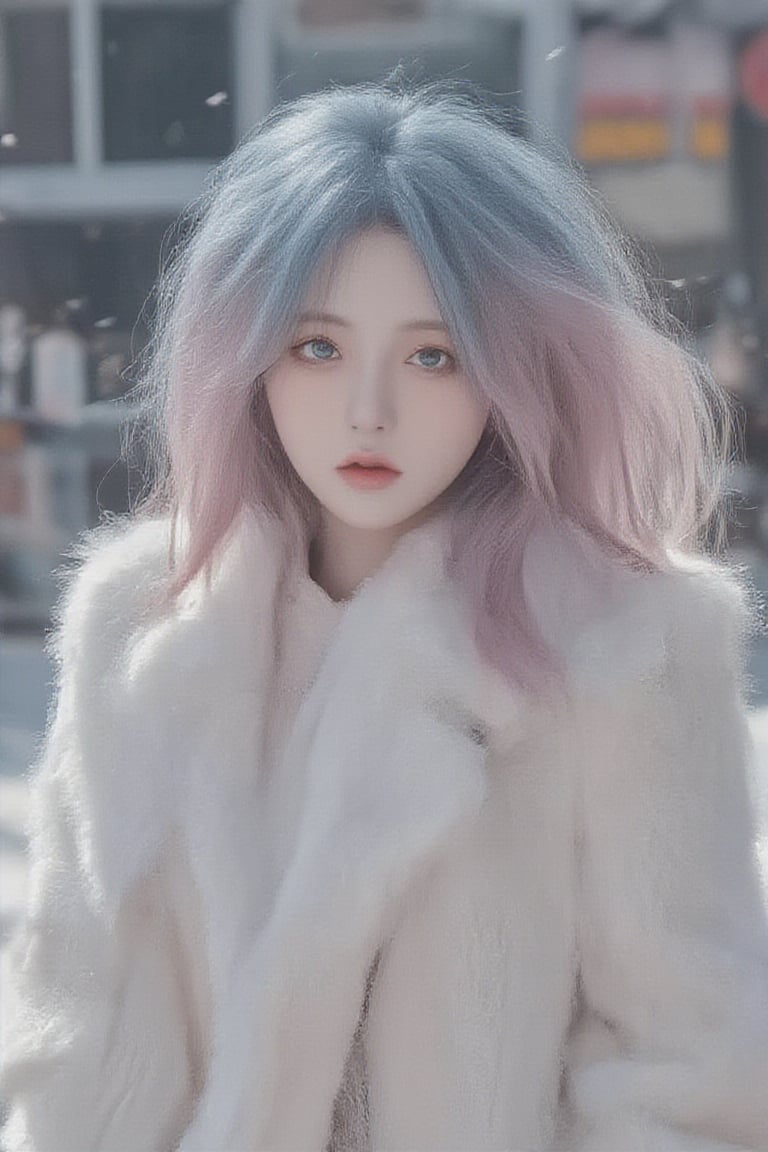 Professional portrait photo of gorgeous girl wearing winter coat, long wavy pink, blue gradient hair color, sexy sensual look, gorgeous symmetrical face, cute natural makeup, wearing elegant warm winter fashion outfit, standing on snowy background City streets, amazing modern urban environment, surrealism, concept art, elegant, very detailed, intricate, sharp focus, depth of field, F1. 8. 85mm, medium shot, bright and soft diffuse light