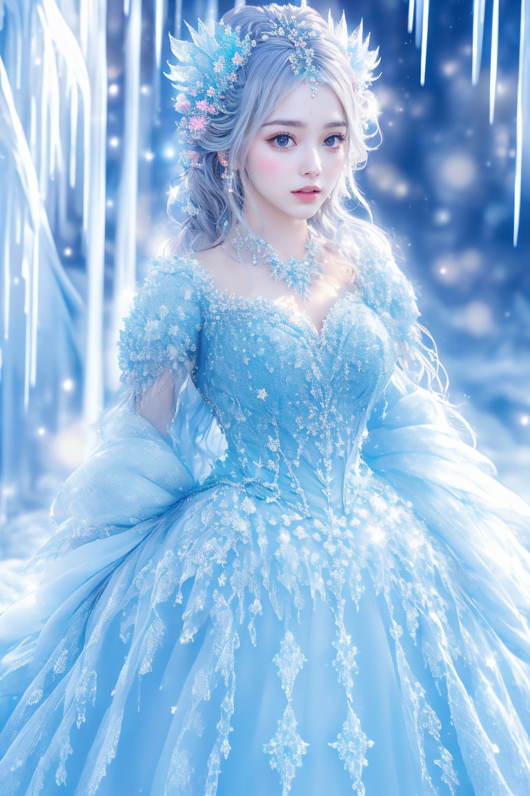 This digital artwork features a fantasy style typical of contemporary digital artists. The composition centers on a young woman with a serene expression, adorned in an intricate, ice-themed gown with crystal accents and floral details. Her hair is styled elegantly with delicate hairpieces. The background is a dreamlike, icy landscape with icicles and soft, glowing lights, enhancing the cold, ethereal atmosphere. Mist and light effects are used skillfully to give the image a magical, otherworldly feel. The artist meticulously captures the fine details of her attire and the ambient light, creating a captivating, whimsical portrait.