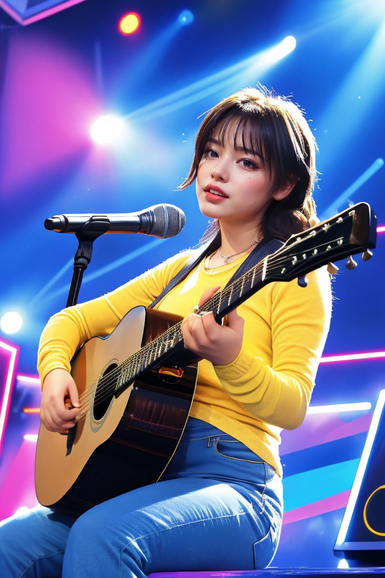 The image appears to be a digitally enhanced photo or realistic artwork, featuring a young woman on stage. The art style combines realism with vibrant, slightly stylized elements. At the center of the piece is a seated woman playing an acoustic guitar with a microphone in front of her. She is wearing a yellow top and blue jeans. The backdrop features dramatic lighting, with beams of light shining outward to create a dynamic stage atmosphere with neon geometric shapes. Indicates an event or concert. The overall atmosphere is modern, vibrant and sophisticated, with an emphasis on theme and event details.