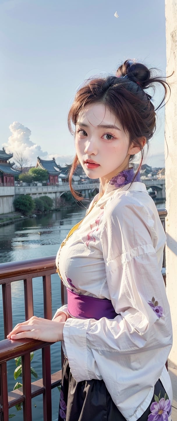 1girl, solo, long hair, hair ornament, long sleeves, dress, jewelry, purple eyes, upper body, purple hair, flower, sky, cloud, hair bun, blue sky, sash, chinese clothes, railing