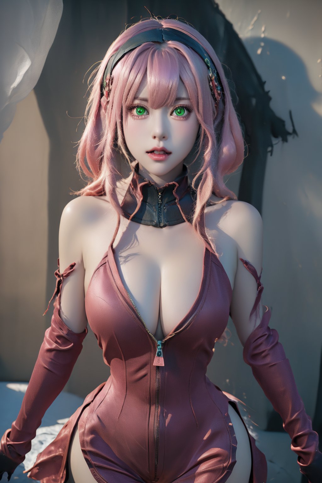 This CG artwork appears to be created by an artist specializing in hyper-realistic, anime-inspired digital art. The composition centers on a female character, depicted from the waist up, emphasizing her detailed, expressive features. The subject has pinkish-blonde hair, piercing green eyes, and wears a sleeveless maroon top with a zipper, partially unzipped, and a black headband. The background is a simple, gradient dark shade that enhances the subject’s prominence. Additional details include her modern, slightly edgy appearance, and the realistic texture and lighting effects that contribute to the overall lifelike quality of the image.