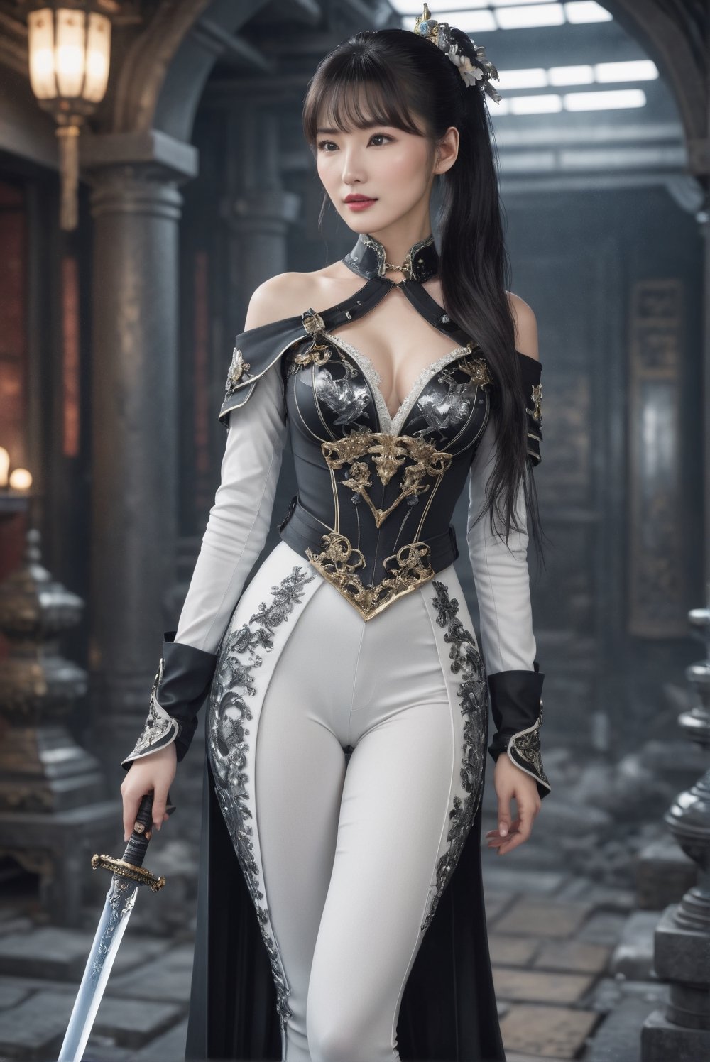 (full body shot: 1.25). A girl wearing black combat suit inspired by furisode and ornate gothic armor, high slit and white (leggings:1.14) accentuating her beautiful thigh. A 17-years-old ethereal breathtakingly glamorous korean girl, black hair, long pony tail, slim and tall perfect model body, beautiful long legs, An ethereal beautiful face with v-shaped jawline, bright eyes, almond-shaped eyes, translucent skin texture, porcelain skin tone. award-winning, hyperrealistic:1.2, crystal clear, 8k uhd, high resolution, holding sword, perfect detail, intricate detail, raw photo, photo_b00ster
BREAK
In a chaotic space ship full of ghost and alien, cg unity, destruction, wrecked
