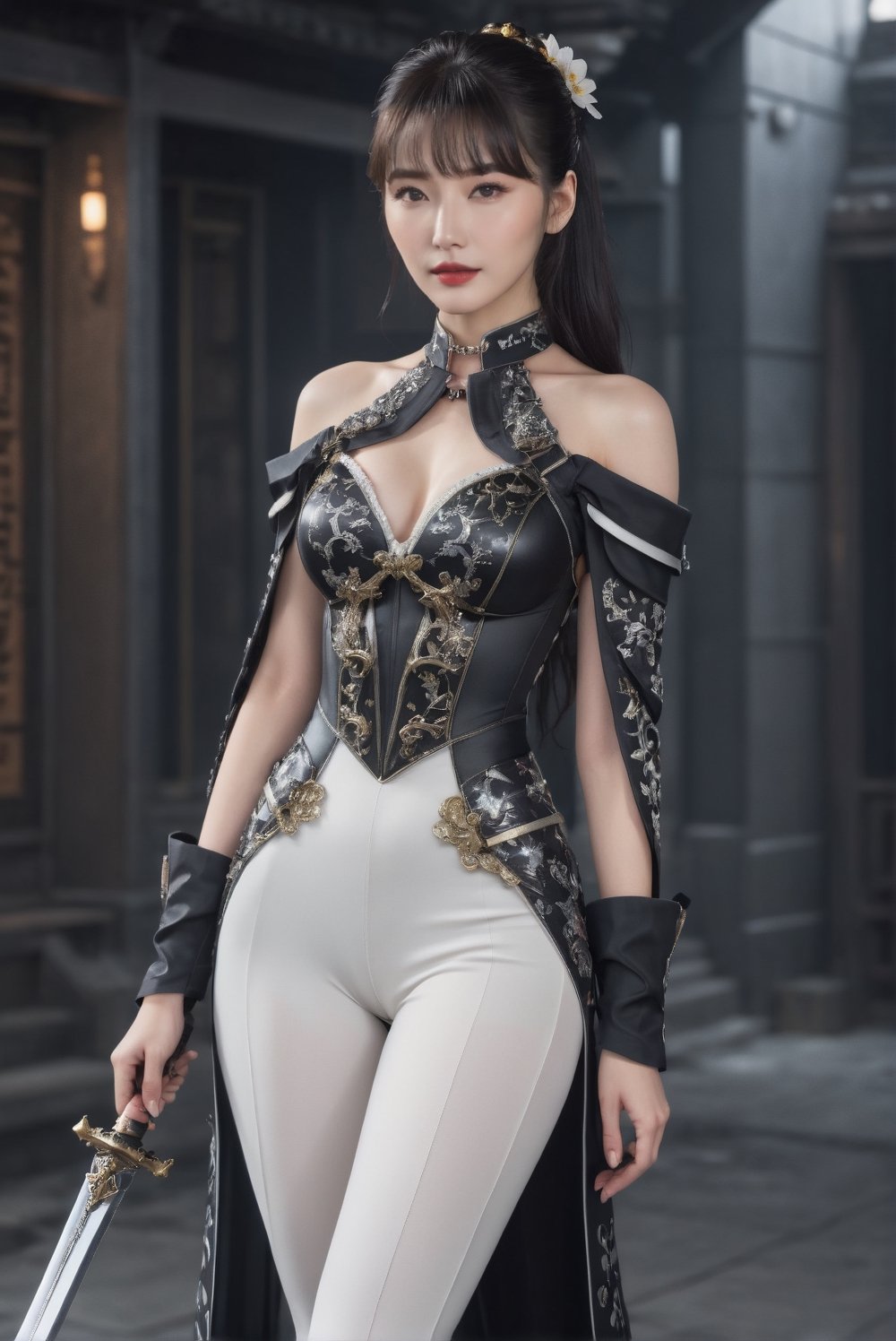 (full body shot: 1.25). A girl wearing black combat suit inspired by furisode and ornate gothic armor, high slit and white (leggings:1.14) accentuating her beautiful thigh. A 17-years-old ethereal breathtakingly glamorous korean girl, black hair, long pony tail, slim and tall perfect model body, beautiful long legs, An ethereal beautiful face with v-shaped jawline, bright eyes, almond-shaped eyes, translucent skin texture, porcelain skin tone. award-winning, hyperrealistic:1.2, crystal clear, 8k uhd, high resolution, holding sword, perfect detail, intricate detail, raw photo, photo_b00ster
BREAK
In a chaotic space ship full of ghost and alien, cg unity, destruction, wrecked
