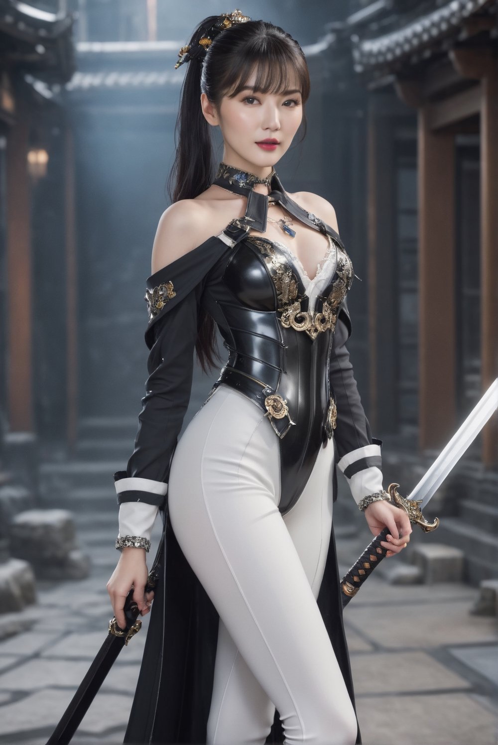 (full body shot: 1.25). A girl wearing black combat suit inspired by furisode and ornate gothic armor, high slit and white (leggings:1.14) accentuating her beautiful thigh. A 17-years-old ethereal breathtakingly glamorous korean girl, black hair, long pony tail, slim and tall perfect model body, beautiful long legs, An ethereal beautiful face with v-shaped jawline, bright eyes, almond-shaped eyes, translucent skin texture, porcelain skin tone. award-winning, hyperrealistic:1.2, crystal clear, 8k uhd, high resolution, holding sword, perfect detail, intricate detail, raw photo, photo_b00ster
BREAK
In a chaotic space ship full of ghost and alien, cg unity, destruction, wrecked
