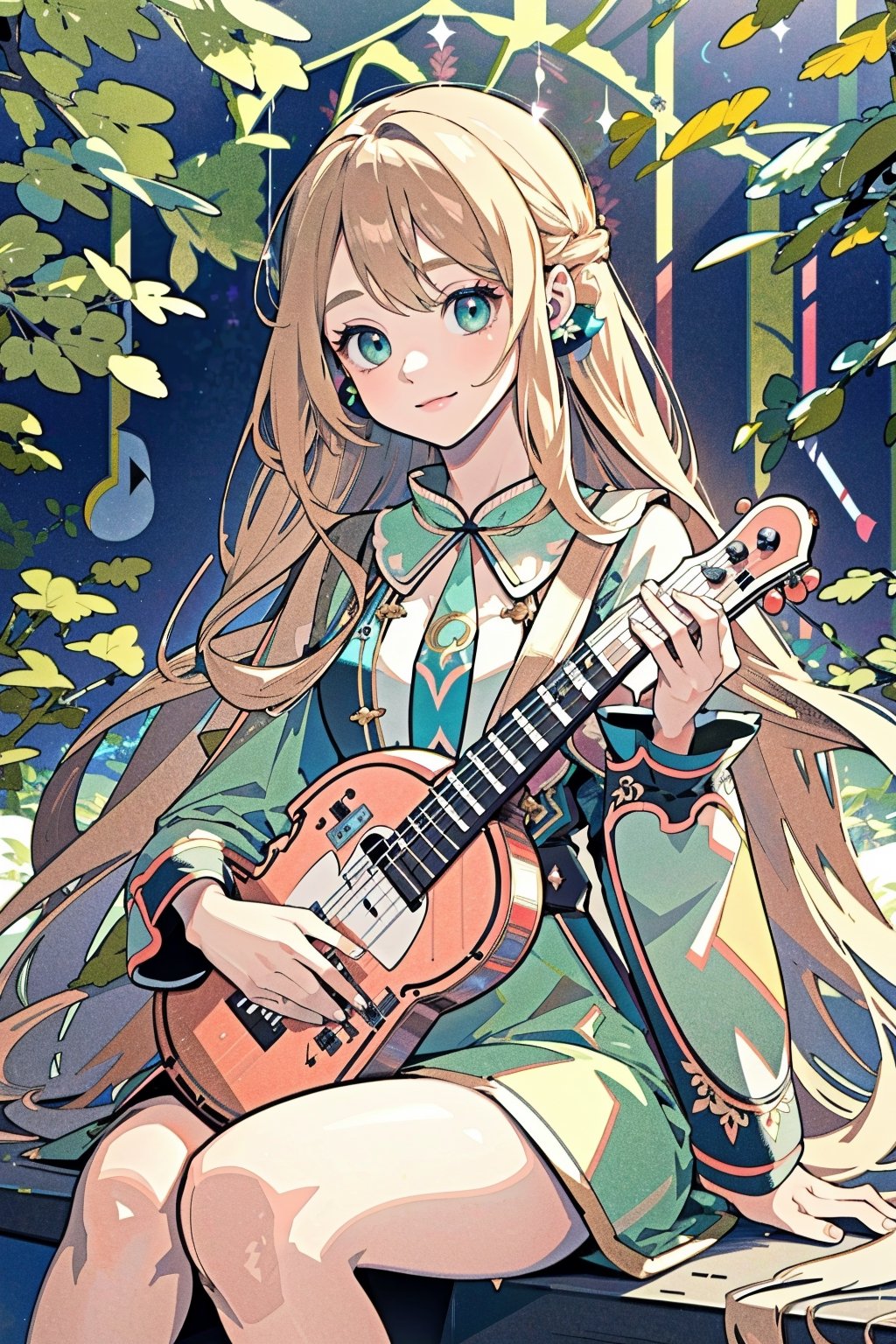 (masterpiece, best quality, highres:1.3), ultra resolution image, (1girl), (solo), kawaii, green flowing hair, long hair, lute,cute face, musical, surrounded by music notes, (music filling the air:1.5), fantasy, harmony, melody, soft, night time, (serene background:1.3), vivid color, sitting, (magical, musical aura:1.3), smile softly, forest, leaf, bird on head, nature, sitting, Serena 