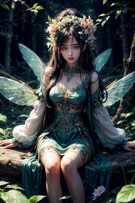 Masterpiece, detailed beautiful, close-up of dryad with transparent wings, floral skirt of leaves, sitting in a tree, looking at viewer, forest, night, highly stylized, artistry