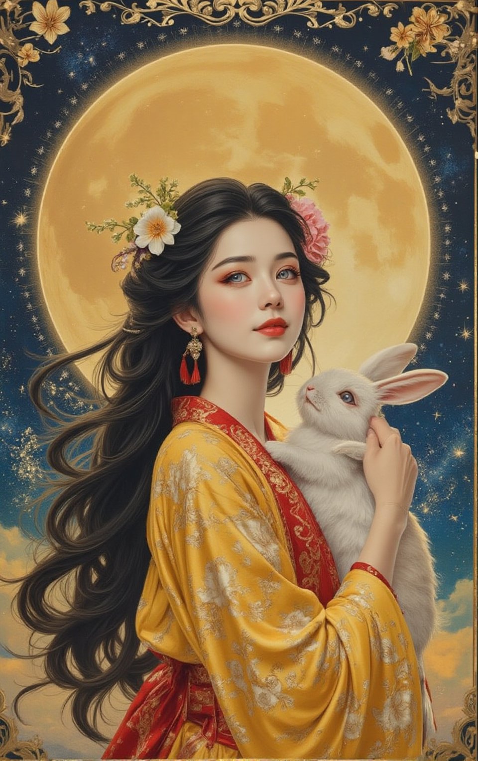 (Reality: 1.4), the beautiful moon goddess Chang'e lives on the moon. Set against a space background, she has flawless porcelain skin and long black hair studded with flowers. Chang'e wore an elegant yellow dress embroidered with silver stars. She dances on the moon, her dress and hair flowing softly. She held a fat white moon rabbit tenderly in her arms. Under the moonlight, Chang'e looked down at the earth, her face calm and radiant. The magical moon palace sparkled around her.Masterpiece, Professional, Top Quality, High Resolution, High Detail, Perfect Detail,girl, anime girl, solo, looking at viewer, colorful ink in background, ((sumi-e art)), ((fine art parody)), ink everyehere, black hair, hair ornament, upper body, flower, japanese clothes, hair flower, kimono, black eyes, sash, makeup, obi, lipstick, pale skin, eyeshadow, red lips, hair stick, red kimono, kanzashi, ((masterpiece: 2)), stunning image, Ink art style,Ink drawing of MOGLI, a charismatic girl embracing bohemian lifestyle, irises glisten like shimmering copper, lips subtly pursed, gaze directed skyward in a dreamy fashion, mane detailed with careless precision, features etched with laughter lines, radiating otherworldly charm, posture exudes liberation, capturing vivid expression of life, by Catr, detailed, vibrant, ink on textured paper, dramatic lighting, Gorgeous, beautiful, multicolored hair, blue eyes, excentic, Ben Bauchau, Michael Garmash, Daniel F Gerhartz, Clint Cearley, Carne Griffiths, Jean Baptiste Monge, strybk style, warm dreamy lighting, matte background, volumetric lighting, pulp adventure style, fluid acrylic, dynamic gradients, bold color, illustration, highly detailed, simple, smooth and clean vector curves, vector art, smooth, johan grenier, character design, 3d shadowing, fanbox, cinematic, ornate motifs, elegant organic framing, hyperrealism, posterized, masterpiece collection, bright lush colors, TXAA, penumbra, alcohol paint, wet gouache, ultrarealistic, film grain, surreal, moody, ethereal fantasy, amazing depth, cinematic film still, sharp focus, (James Christensen),bohemian,Boho gypsy, Gustav Klimt, (Anne Bachelier:1.2), (Lillian Bassman, Erwin Blumenfeld),shabby chic,, 1920s retrofuturism, industrial, art deco, coherent, (Dieselpunk:1.3), sparkles, in the style of vargas