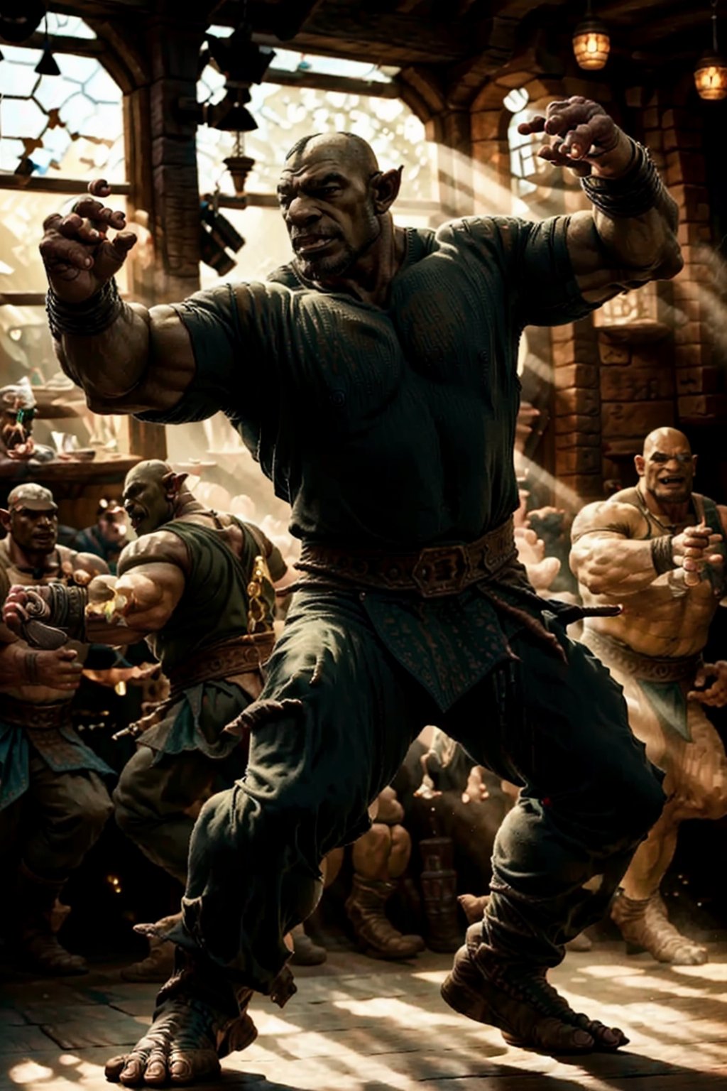 mature orc dancing in a tavern, (a green mature orc) dancing, sunlight coming through windows