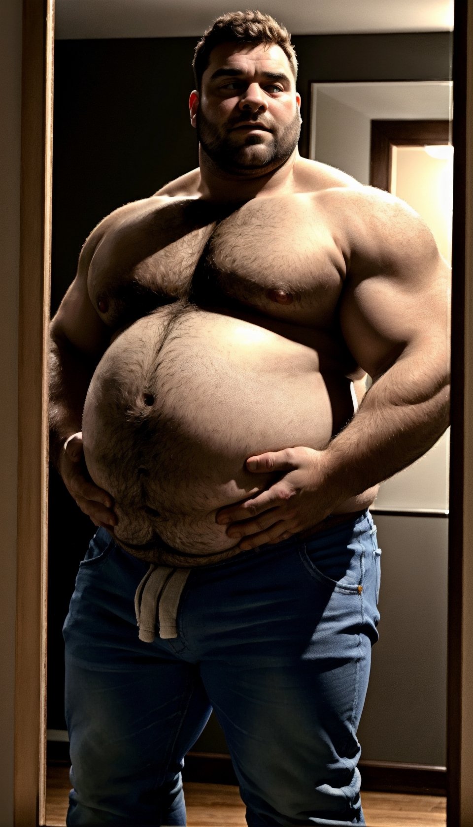 a [obese and hairy] man holding his belly questioning whether he has put on weight. turned to the side wearing jeans that are too small, detailed. masterpiece. high resolution. realistic, dynamic lighting. larger gut, holding belly, looking in a mirror, moobs,