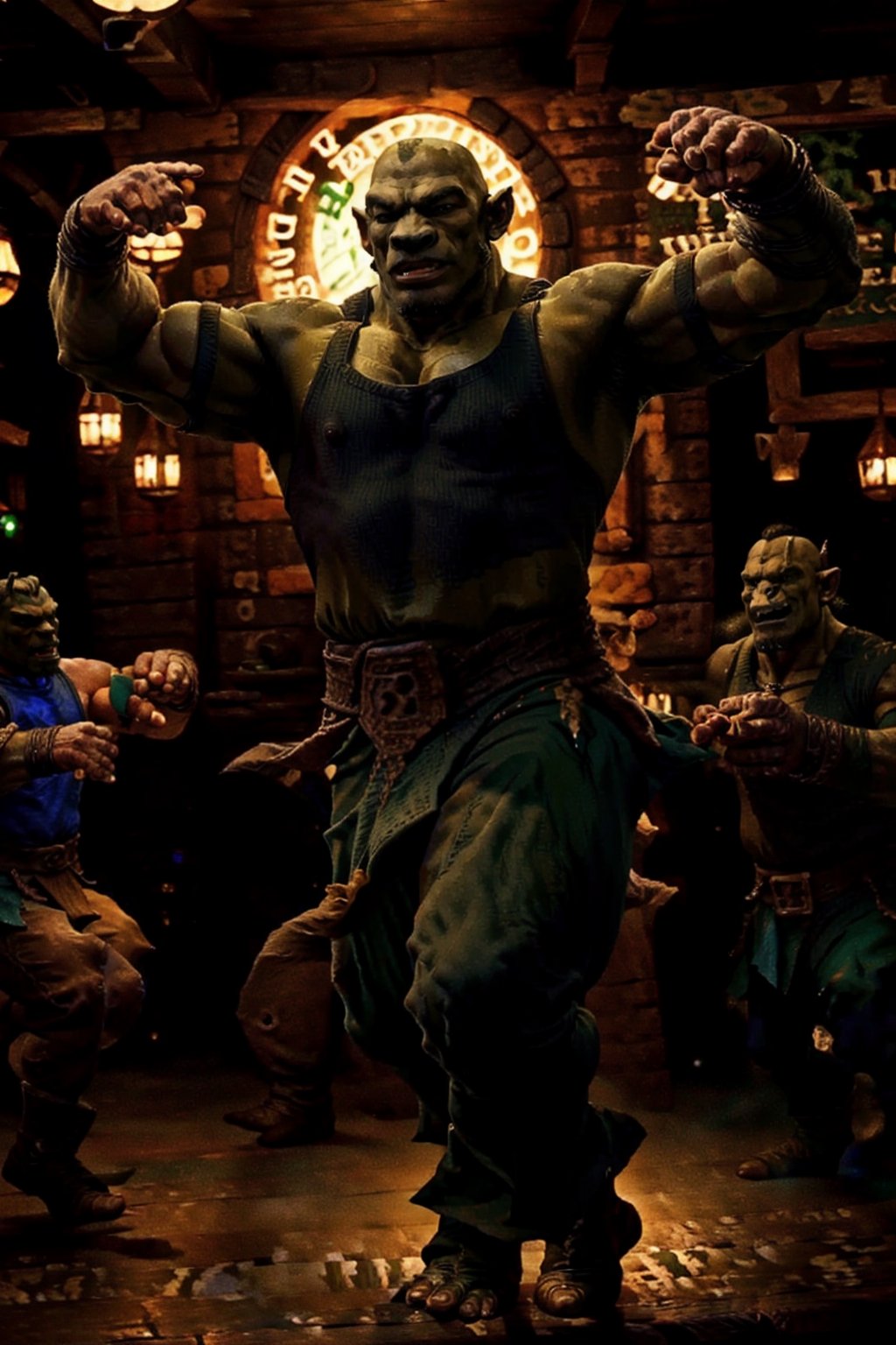 mature orc dancing on a tavern table, (a green mature orc) dancing, 