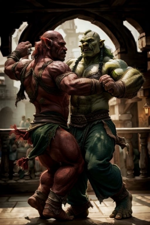 two mature orcs dancing on a balcony (a green mature orc) (a young red orc), facing each other, stood apart, dancing,