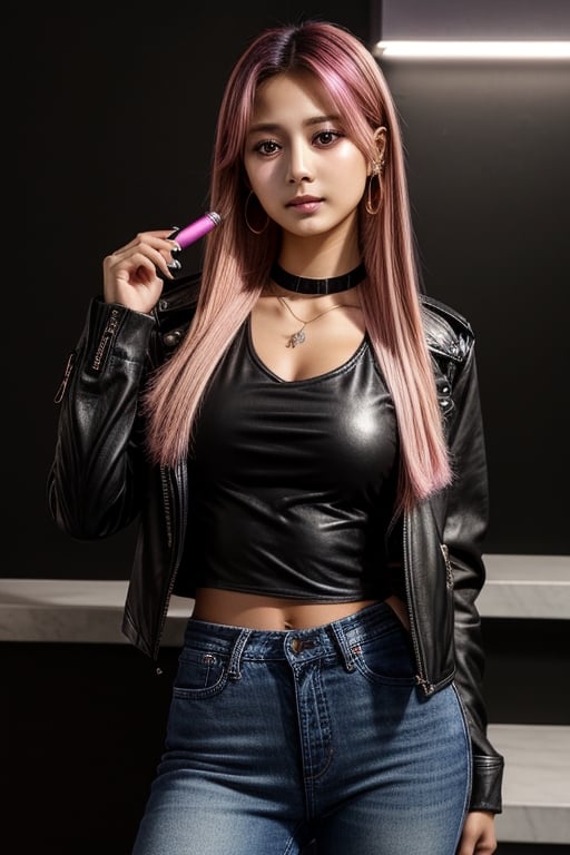 score_7_up,  Realistic full photo, full body,
Black and pink haired woman with pink highlights, long hair, 18 years old, beautiful, makeup, elegant, neckless, earing,  wearing a black Top,  leather jacket and a leather clothes, jeans,  and smoking a vap,  nigthclub, pose, It emits a light source from the hands,  photorealistic,Tzuyu