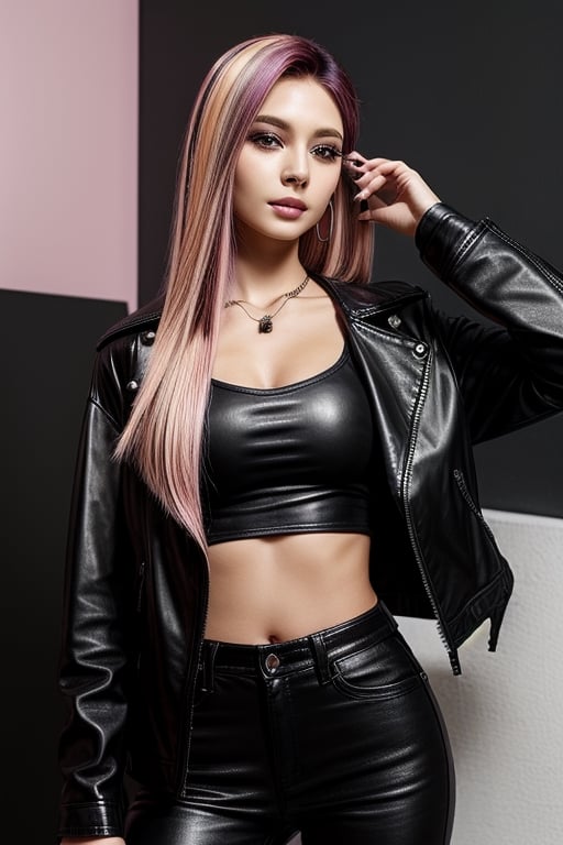 score_7_up,  Realistic full photo, full body,
Black and pink haired woman with pink highlights, long hair, 18 years old, beautiful, makeup, elegant, neckless, earing,  wearing a black Top,  leather jacket and a leather clothes and smoking a vap,  nigthclub, pose,  photorealistic,Tzuyu