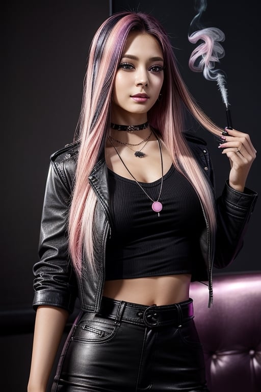 score_7_up,  Realistic full photo, full body,
Black and pink haired woman with pink highlights, long hair, 18 years old, beautiful, makeup, elegant, neckless, earing,  wearing a black Top,  leather jacket and a leather clothes and smoking a vap,  nigthclub,  photorealistic,Tzuyu