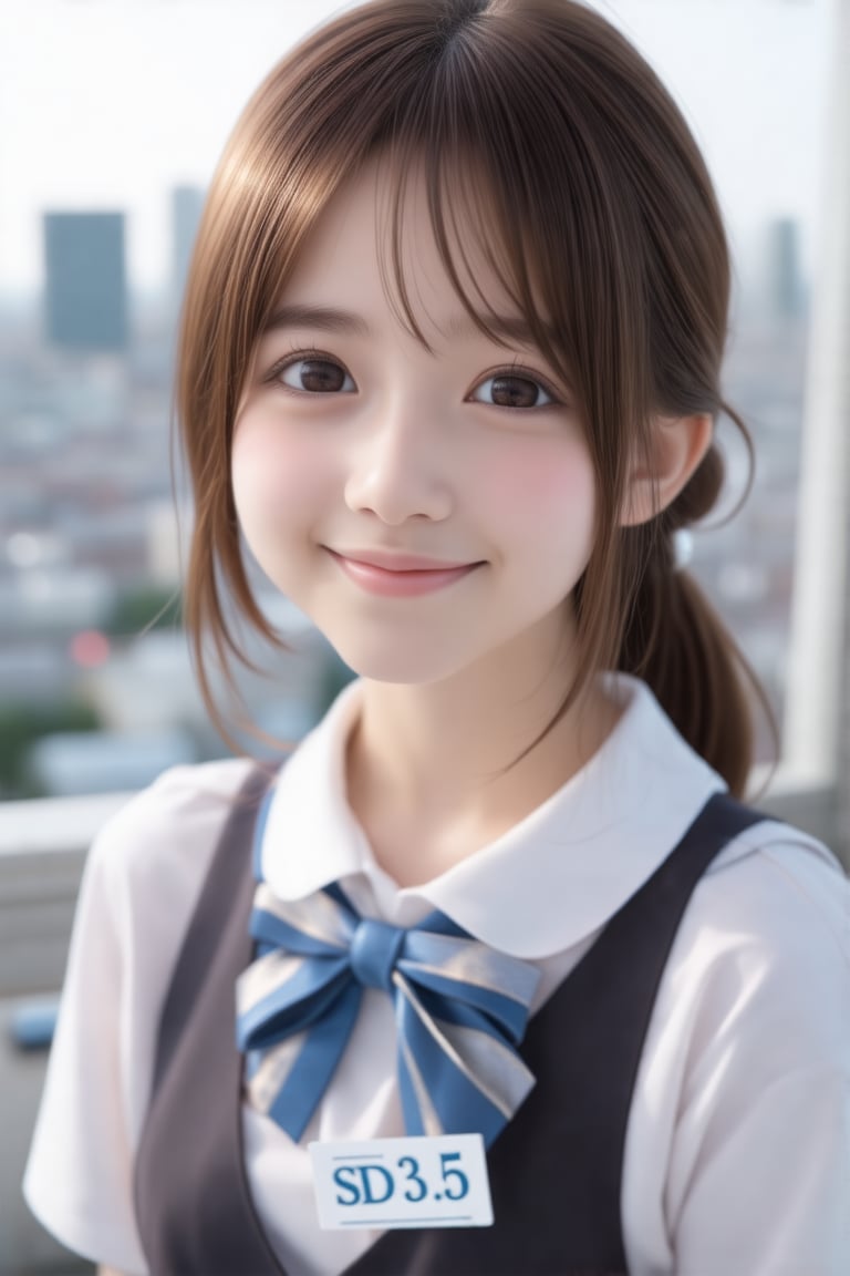 masterpiece, best quality, realistic, realistic lighting, 8K, HDR, 1girl, solo, brown long hair, from front, looking at viewer, smile, school_uniform, soft light, night tokyo in the background, gentle breeze,hair accessories,have a card that says "SD3.5"