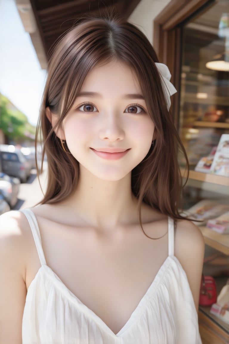 masterpiece, best quality, realistic, realistic lighting, 8K, HDR, 1girl, solo, brown long hair, from front, looking at viewer, smile, white_camisole, soft sunlight, shop in the background, gentle breeze,(face close-up:0.8),hair accessories