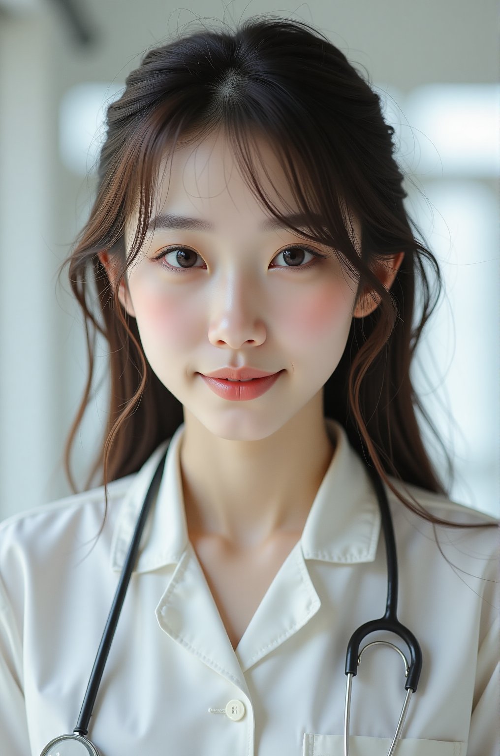 32K, UHD, long brown hair,1girl, solo, portrait, nurse, white_scrub, smirk, hospital, blurry_background, bokeh, chromatic_aberration, depth_of_field, female focus, photorealistic, soft colors, masterpiece, high quality, (high detailed skin:1.1)