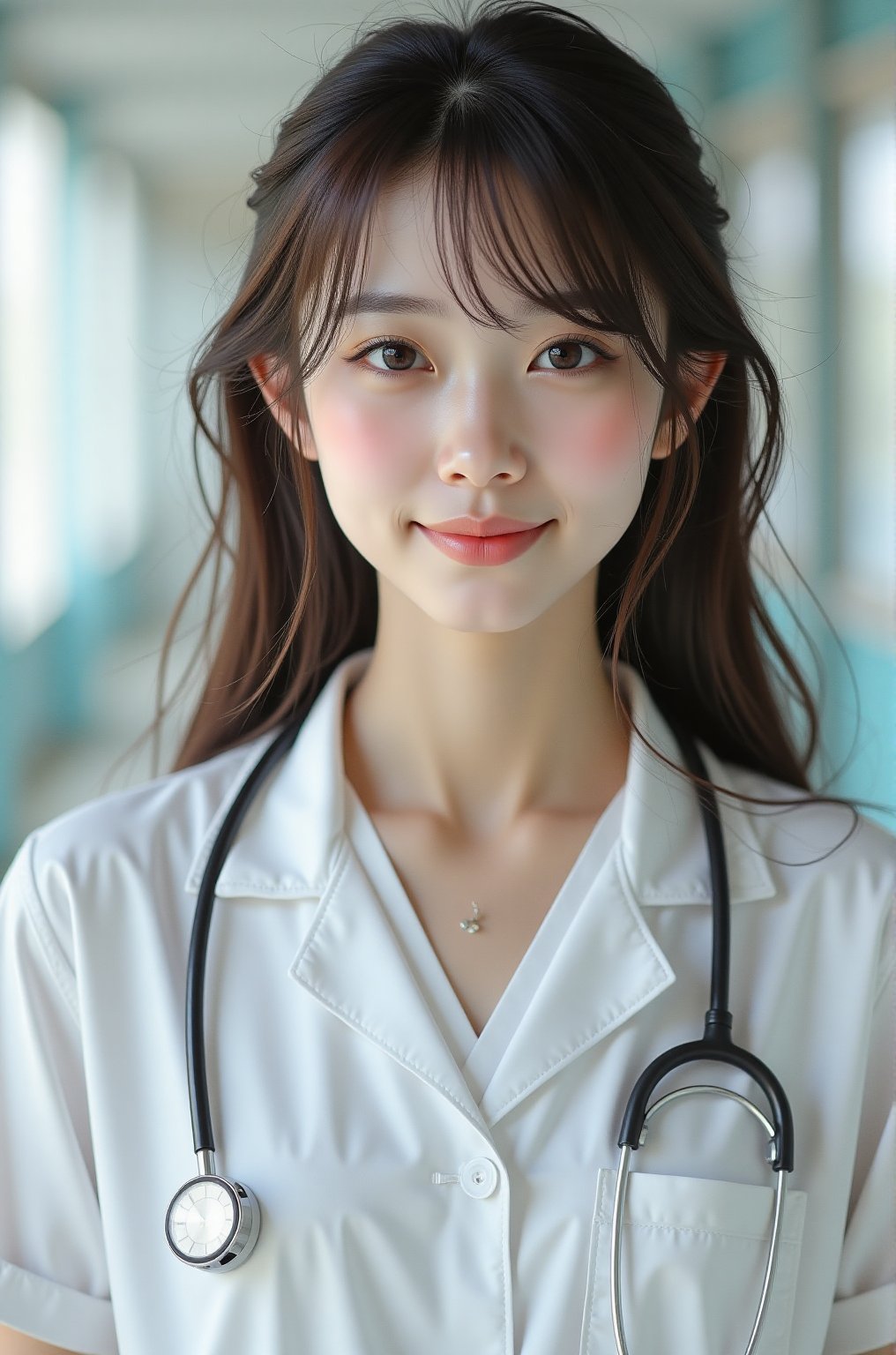 32K, UHD, long brown hair,1girl, solo, portrait, nurse, white_scrub, smirk, hospital, blurry_background, bokeh, chromatic_aberration, depth_of_field, female focus, photorealistic, soft colors, masterpiece, high quality, (high detailed skin:1.1)