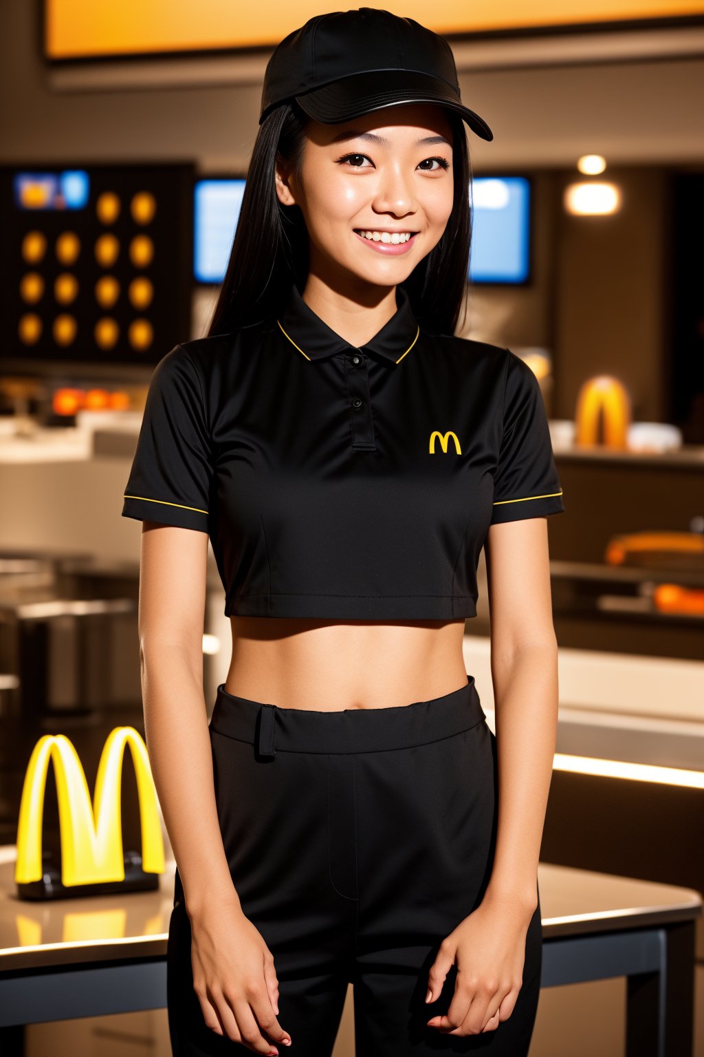 (a Japan female teenager face),(night,midnight),looking at viewer,detailed eyes,Japanese woman,(black hair),(midnight,night),((smiling)),(looking at viewer),(dance),(armpits),((tan skin,dark body)),dark skin,((eating hamburger)),((McDonald's uniform)),(McDonald's restaurant),(eat a burger),((fastfood restaurant uniform)),McDonaldsUniform,shirt, black shirt, black pants, cap