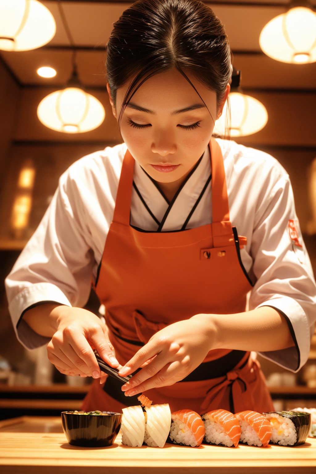 A Japanese female sushi chef working in a sushi restaurant is making nigiri sushi in the store,close_up,cowboy_shot,masterpiece,best quality,ultra detailed face,ultra detailed eyes