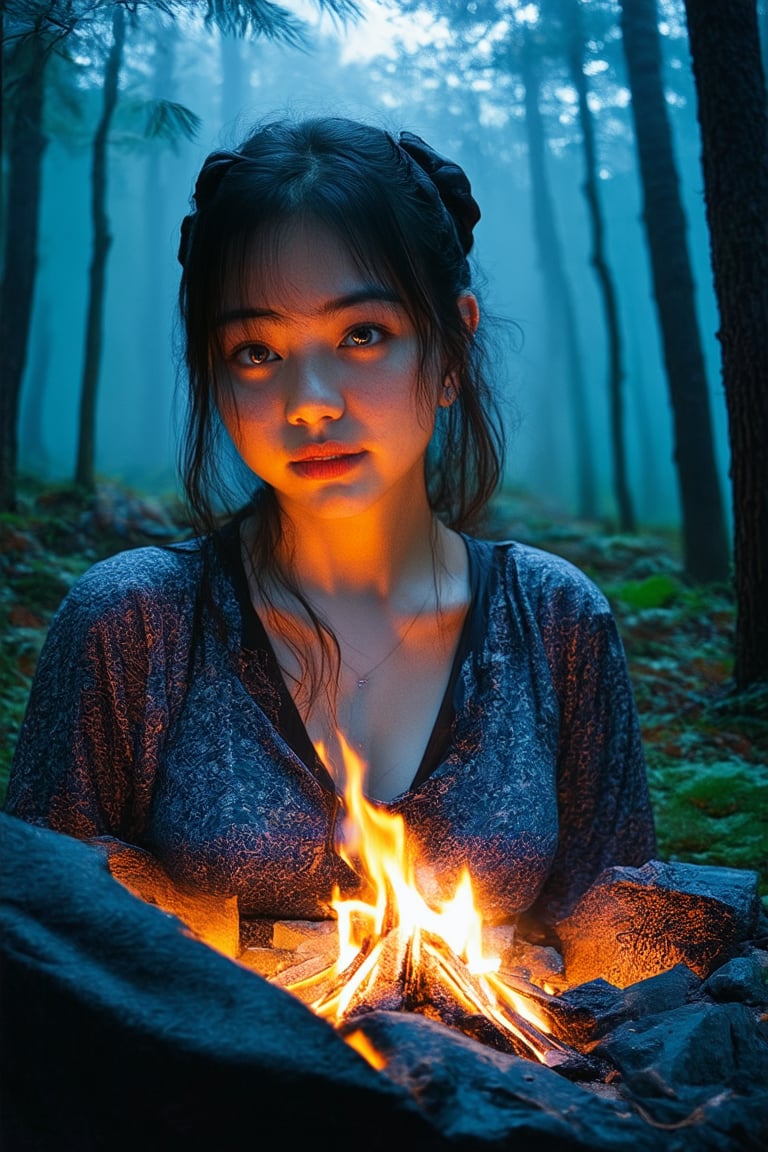 A young Japanese woman is camping in a deep mountain forest with thick fog,campfire,masterpiece,best quality,ultra detailed face,ultra detailed,4k,((blue eyes,blueeyes,blue_eyes)),skinny,(wide shot),ghost_girl,ghost,night,spooky,midnight,cleavage,dirty shirts,(boobs),tent,campfire