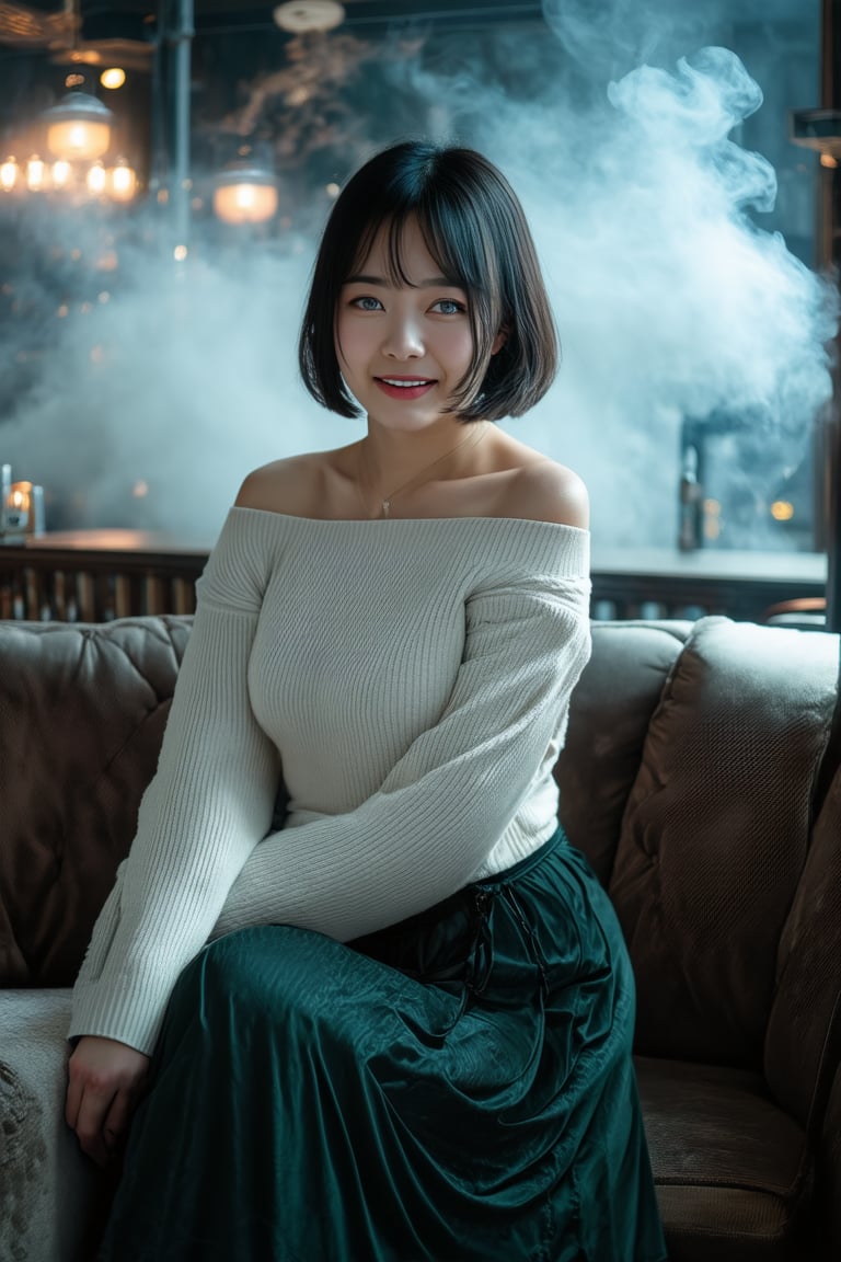 A young Japanese woman wearing a long skirt and an off shoulder sweater with short hair is sitting on the sofa in a pub with smoke and fog,masterpiece,best quality,ultra detailed face,ultra detailed,4k,evil smile,crazy smile,((green eyes,greeneyes,green_eyes)),skinny,tummy