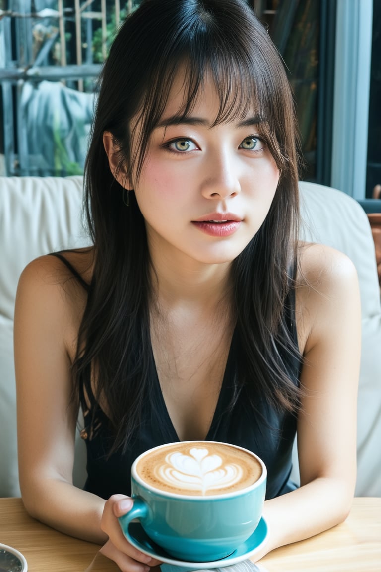 A beautiful young Japanese woman is sitting on the sofa seat of cafeteria and leisurely drinking a cup of hot latte. This...