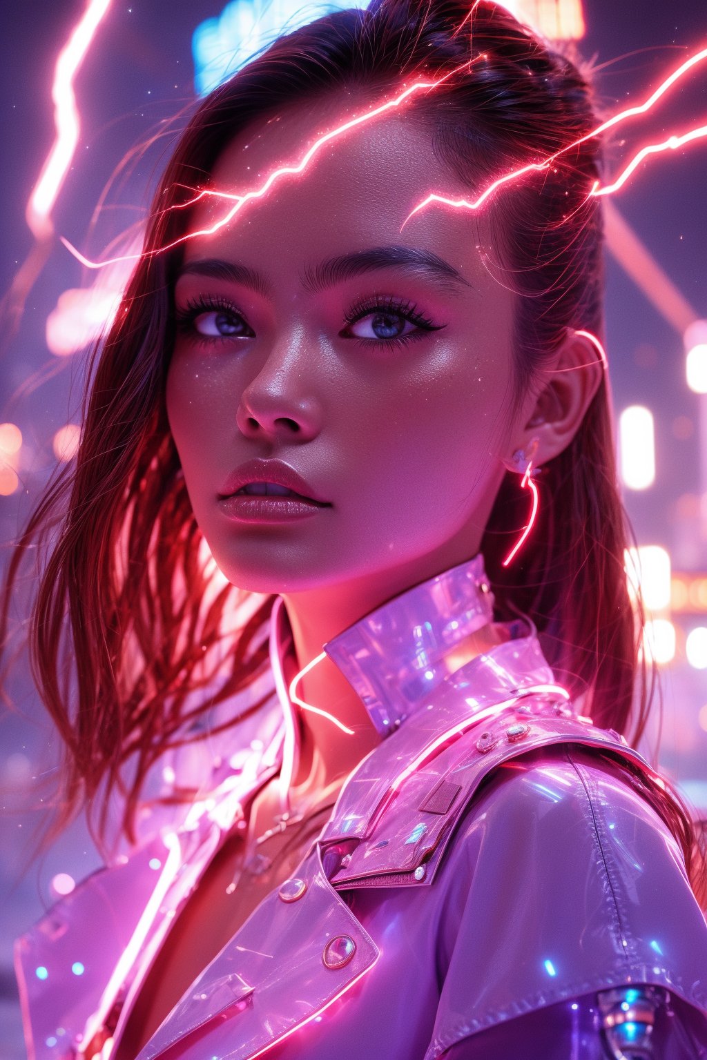 A young and fashionable Taiwanese woman is standing in a square in a metropolis. Behind the woman, a bolt of lightning struck straight towards the ground,close_up,cowboy_shot,Neon,Face,Glow,lightning,(lightning),(lightning background),thunder,lightning bolt