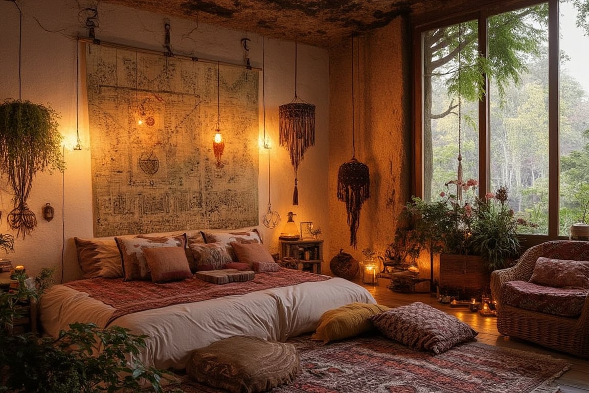 bohemian chic bedroom, tapestry wall hanging, macrame plant hangers, wicker furniture, warm lighting, patterned cushions, cozy rug, wooden floor, dreamcatcher, plants, comfortable, inviting, trending on Pinterest, artstation,