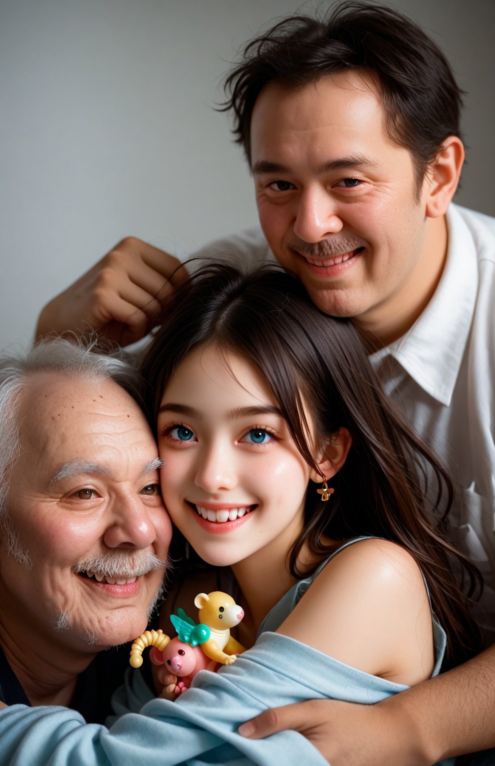 A young 13 year old girl with her dark hair falling in loose waves down her back. The warm golden light of the setting sun casts a gentle glow on her face, as she gazes softly into the distance. A scattering of colorful toys and books surround her, creating a playful atmosphere, kind smile, 2 old men, two old men, the old men have strong bodies, girl sandwiched between 2 old men, girl sandwiched between two old men,