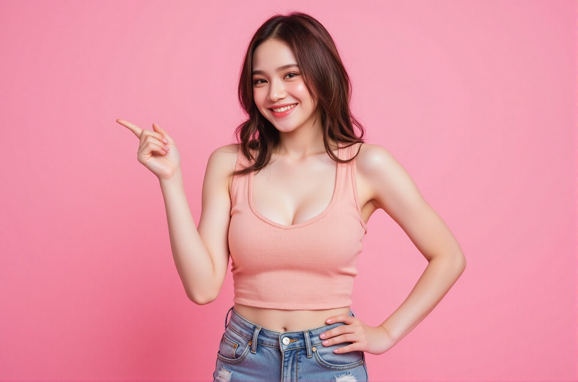 A joyful young woman with medium silk hair,  casually dressed in a sleeveless top and ripped jeans. Her hand points to the...