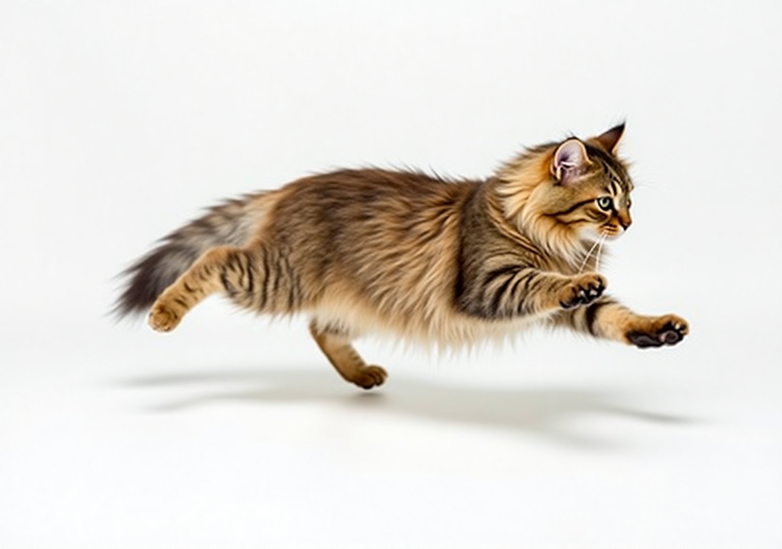 A Maine Coon cat captured mid-leap with its paws stretched forward and fur flowing,  taken from a low diagonal angle,  emp...