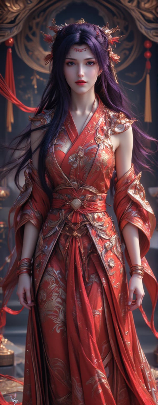 Best quality, masterpiece, ultra high res, (photorealistic:1.5), raw photo, (Masterpiece, Top Quality, Best Quality, Official Art, Beauty and Aesthetics: 1.2), 1girl, long black hair, Medusa wears a sleeveless, In a vibrant, ultra-realistic depiction, Diao Chan stands confidently in her Three Kingdoms dress-up attire, her bright smile radiating joy as she gazes directly at the viewer. Her striking features are set against a warm, HDR-lit backdrop, emphasizing her porcelain-like complexion and luscious locks. Framed from head to toe, her elegant figure is showcased in stunning detail, inviting the viewer to step into the captivating scene.,Eroflo,meidusha, KOLNB,forehead mark, high contrast, (grayscale:-1.5),云韵Flux-起风了,purple hair