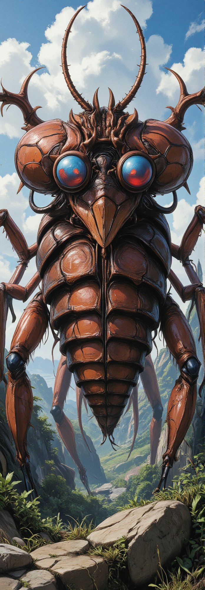 A colossal, beetle-like creature from Nausicaä of the Valley of the Wind, towering over the landscape with a body stretching dozens of meters. The creature's hard exoskeleton is covered in intricate, weathered textures, with colors ranging from deep reds to browns. Its head is lined with rows of giant compound eyes, shifting between a calm blue and an intense red depending on its mood. Long, flexible antennae extend from its head, swaying as it senses its environment. Its segmented, worm-like body writhes as it moves with surprising speed, displaying both gentle grace and overwhelming fury when threatened. The creature embodies the power and wisdom of nature, with a protective instinct towards its environment and offspring. Enhanced all, Fantasy detailers,Spooky  Art Drawing