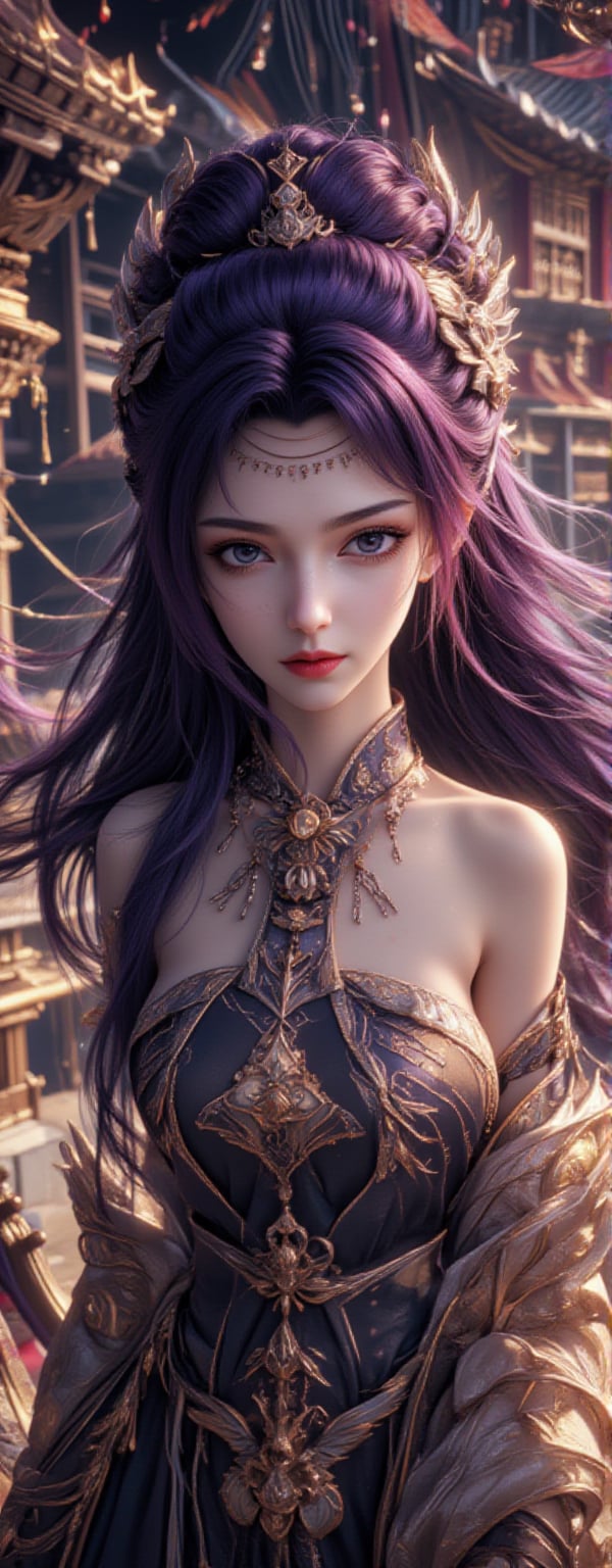 Best quality, masterpiece, ultra high res, (photorealistic:1.5), raw photo, (Masterpiece, Top Quality, Best Quality, Official Art, Beauty and Aesthetics: 1.2), 1girl, long black hair, Medusa wears a sleeveless, In a vibrant, ultra-realistic depiction, Diao Chan stands confidently in her Three Kingdoms dress-up attire, her bright smile radiating joy as she gazes directly at the viewer. Her striking features are set against a warm, HDR-lit backdrop, emphasizing her porcelain-like complexion and luscious locks. Framed from head to toe, her elegant figure is showcased in stunning detail, inviting the viewer to step into the captivating scene.,Eroflo,meidusha, KOLNB,forehead mark, high contrast, (grayscale:-1.5),云韵Flux-起风了,purple hair