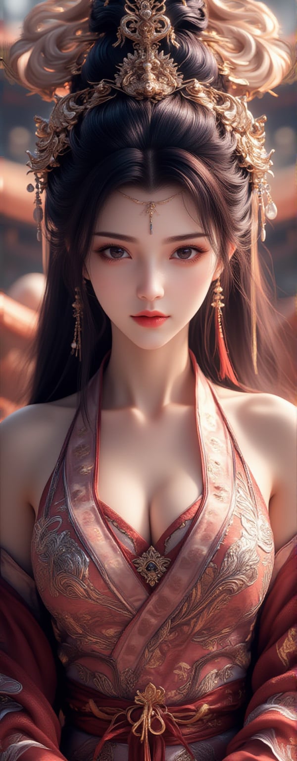 Best quality, masterpiece, ultra high res, (photorealistic:1.5), raw photo, (Masterpiece, Top Quality, Best Quality, Official Art, Beauty and Aesthetics: 1.2), 1girl, long black hair, Medusa wears a sleeveless, In a vibrant, ultra-realistic depiction, Diao Chan stands confidently in her Three Kingdoms dress-up attire, her bright smile radiating joy as she gazes directly at the viewer. Her striking features are set against a warm, HDR-lit backdrop, emphasizing her porcelain-like complexion and luscious locks. Framed from head to toe, her elegant figure is showcased in stunning detail, inviting the viewer to step into the captivating scene.,Eroflo,meidusha, KOLNB,forehead mark, high contrast, (grayscale:-1.5),云韵Flux-起风了,purple hair