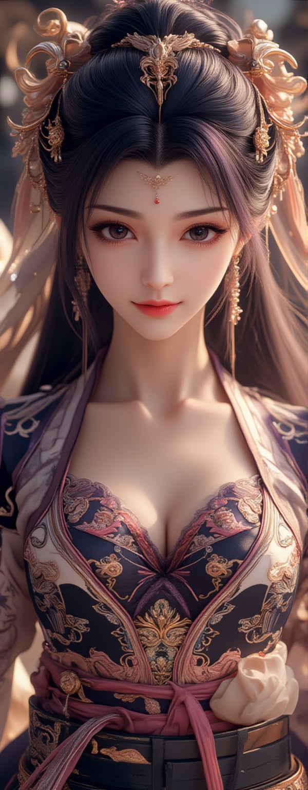 Best quality, masterpiece, ultra high res, (photorealistic:1.5), raw photo, (Masterpiece, Top Quality, Best Quality, Official Art, Beauty and Aesthetics: 1.2), 1girl, long black hair, Medusa wears a sleeveless, In a vibrant, ultra-realistic depiction, Diao Chan stands confidently in her Three Kingdoms dress-up attire, her bright smile radiating joy as she gazes directly at the viewer. Her striking features are set against a warm, HDR-lit backdrop, emphasizing her porcelain-like complexion and luscious locks. Framed from head to toe, her elegant figure is showcased in stunning detail, inviting the viewer to step into the captivating scene.,Eroflo,meidusha, KOLNB,forehead mark, high contrast, (grayscale:-1.5),云韵Flux-起风了,purple hair