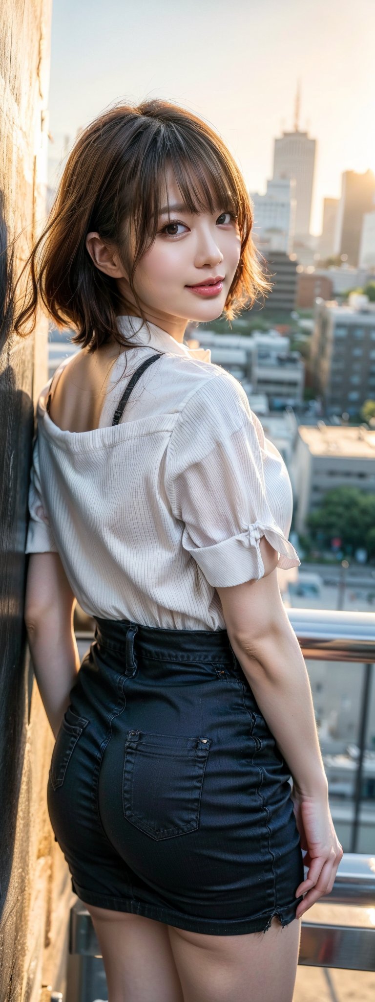 Best quality, masterpiece, ultra high res, (photorealistic:1.5), raw photo, 1girl, offshoulder, in the dark, deep shadow, low key, cold light, sexy look, short hair, Beautiful eyes ,Japan Hime_cut style, A confident office lady stands tall in front of a city skyline at sunset, looking directly at the viewer with a bright smile. Her long, black hair falls down her back like a waterfall, complemented by her purple collared shirt and pencil skirt. She wears high heels and holds a smartphone in one hand, while resting her other hand on the wall. The city's towering buildings and tranquil waterbody serve as a stunning backdrop to this urban beauty, captured from a dramatic high-angle perspective with warm, golden lighting.